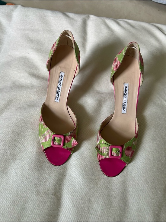 Manolo Blahnik Shoes - Manolo Blahnik Pink and Green Open-Toe D'Orsay Heels with Buckle